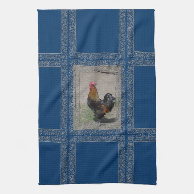 Farm Theme Rooster Dish Towel, Blue Background Towel (Vertical)