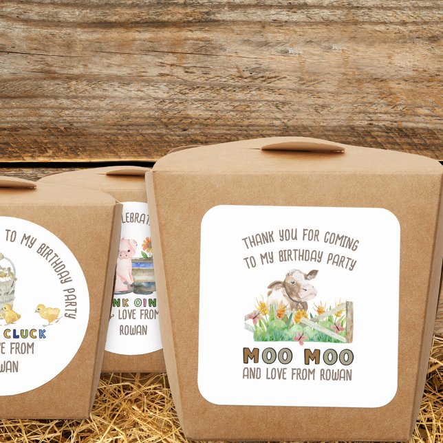 Farm Theme Thank You for Coming Cow Moo Moo Square Sticker (Farm theme birthday party stickers inspired by old macdonald nursery rhyme)