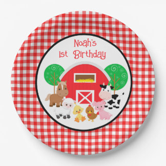Farm Themed Red Gingham Birthday Paper Plates