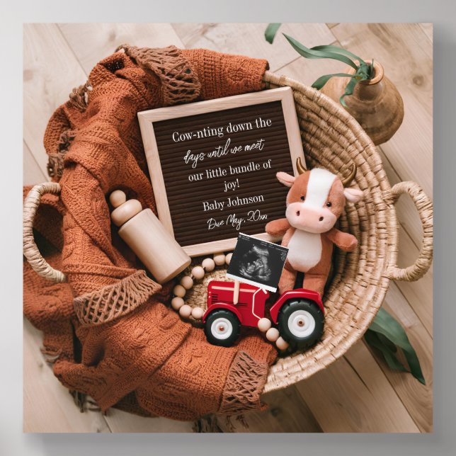 farm themed  woven basket pregnancy announcement  acrylic photo tile (Front Set)