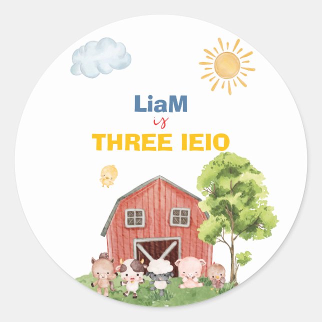 Farm Three I-E-I-O 3rd Birthday  Classic Round Sticker (Front)