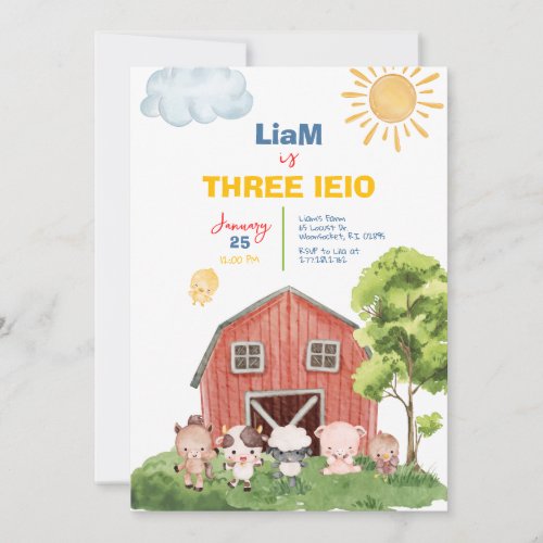 Farm Three I-E-I-O 3rd Birthday Invitation