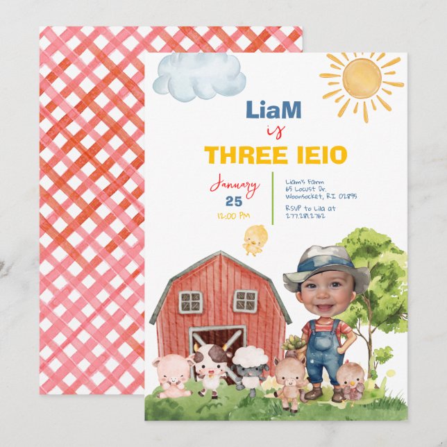 Farm Three I-E-I-O 3rd Birthday Photo Invitation (Front/Back)