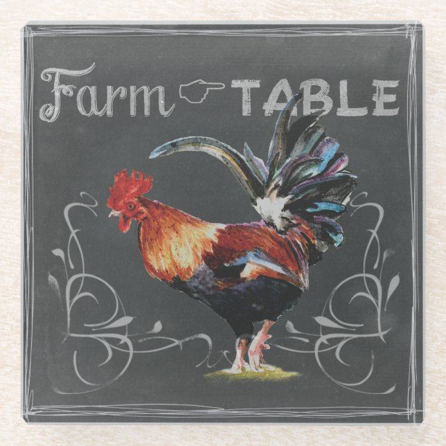 Farm to Table Rooster Glass Coaster (Front)