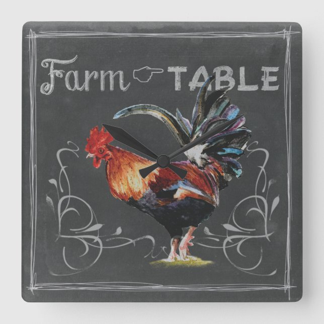 Farm to Table Rooster Square Wall Clock (Front)