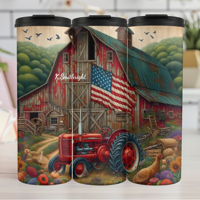 Farm Tractor Barn American Flag Thermal Tumbler (Creator Uploaded)
