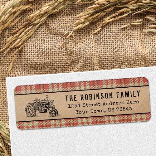 Farm Tractor Country Red Plaid Kraft Address Label