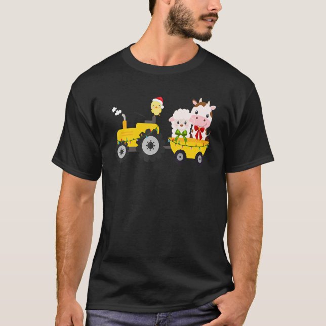 Farm Tractor Cow Sheep Chick Christmas Xmas Family T-Shirt (Front)