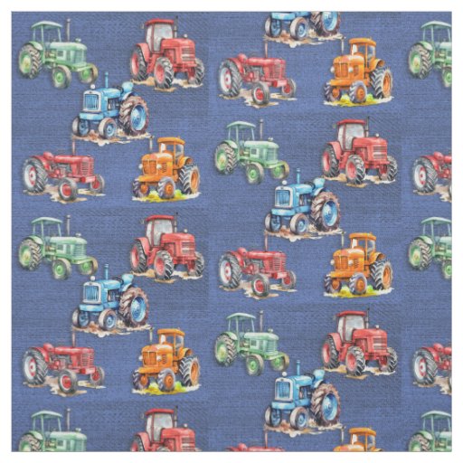Farm Tractor Denim Blue Design Fabric