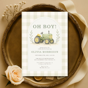 Farm Tractor Gingham Baby Shower Invitation