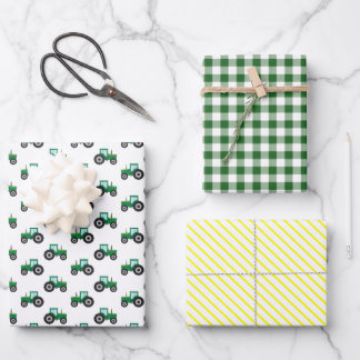 Farm Tractor Green and Yellow Kids Wrapping Paper 