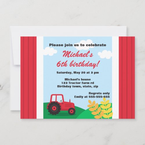 Farm tractor hills and wheat kids birthday party personalized invite