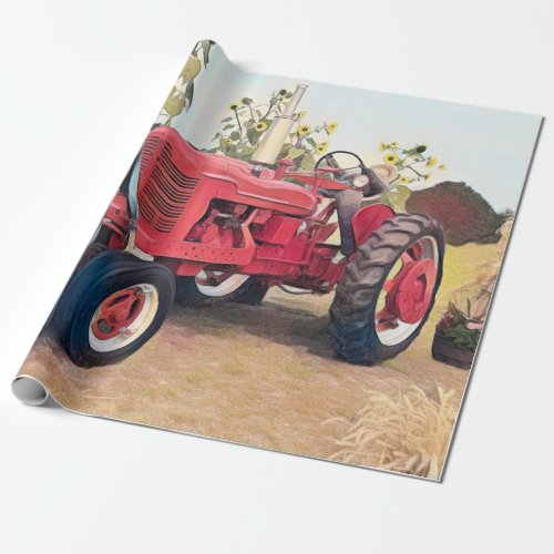 Farm Tractor Red Retro Vintage Rustic Fall Harvest Wrapping Paper