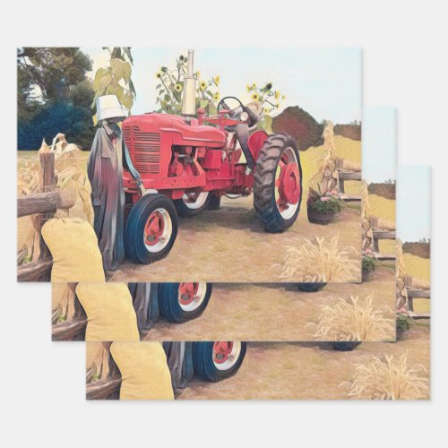 Farm Tractor Red Retro Vintage Rustic Fall Harvest Wrapping Paper Sheets