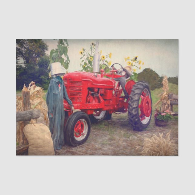 Farm Tractor Red Rustic Country Fall Harvest Tissue Paper (Front)