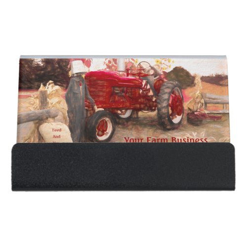 Farm Tractor Red Vintage Rustic Agriculture Desk Business Card Holder