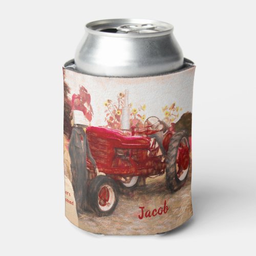 Farm Tractor Red Vintage Rustic Autumn Harvest Can Cooler