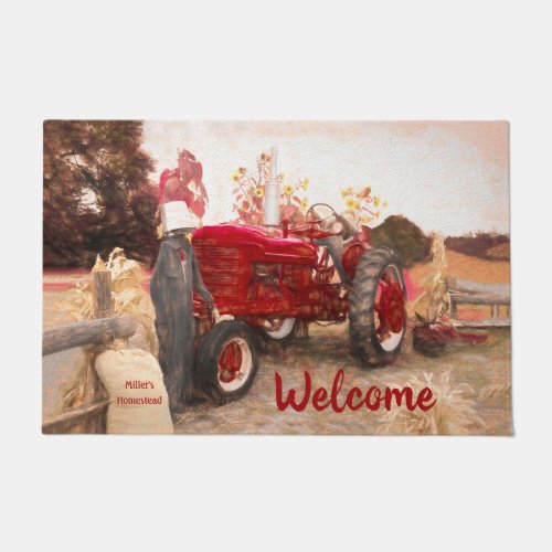 Farm Tractor Red Vintage Rustic Autumn Harvest Doormat