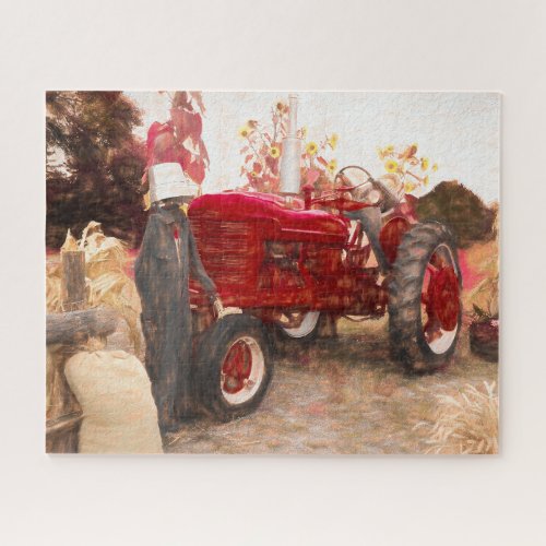 Farm Tractor Red Vintage Rustic Autumn Harvest Jigsaw Puzzle