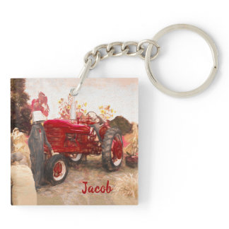 Farm Tractor Red Vintage Rustic Autumn Harvest Keychain