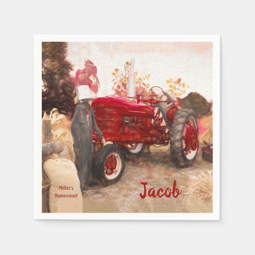 Farm Tractor Red Vintage Rustic Autumn Harvest Napkins