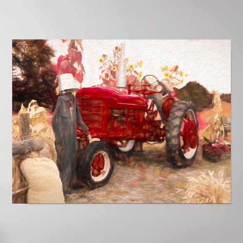 Farm Tractor Red Vintage Rustic Autumn Harvest Poster