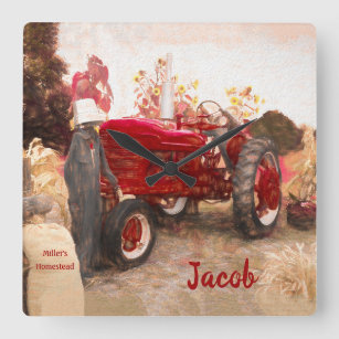 Farm Tractor Red Vintage Rustic Autumn Harvest Square Wall Clock