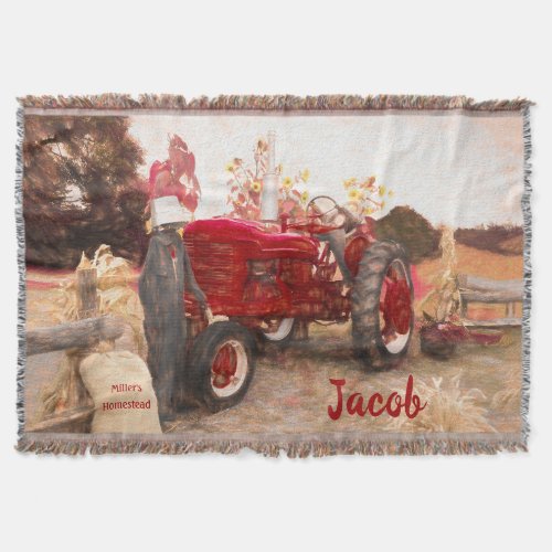 Farm Tractor Red Vintage Rustic Autumn Harvest Throw Blanket