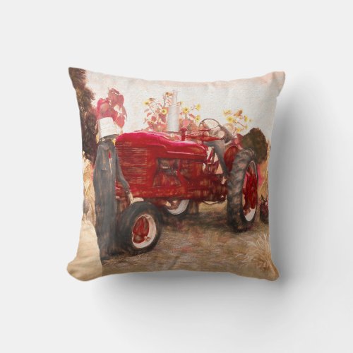 Farm Tractor Red Vintage Rustic Autumn Harvest Throw Pillow