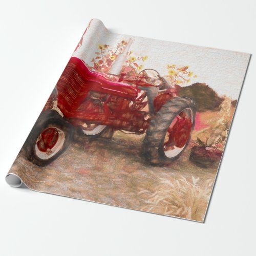 Farm Tractor Red Vintage Rustic Autumn Harvest Wrapping Paper