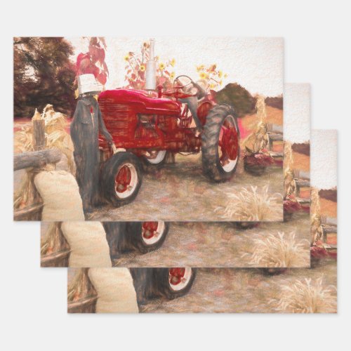 Farm Tractor Red Vintage Rustic Autumn Harvest Wrapping Paper Sheets