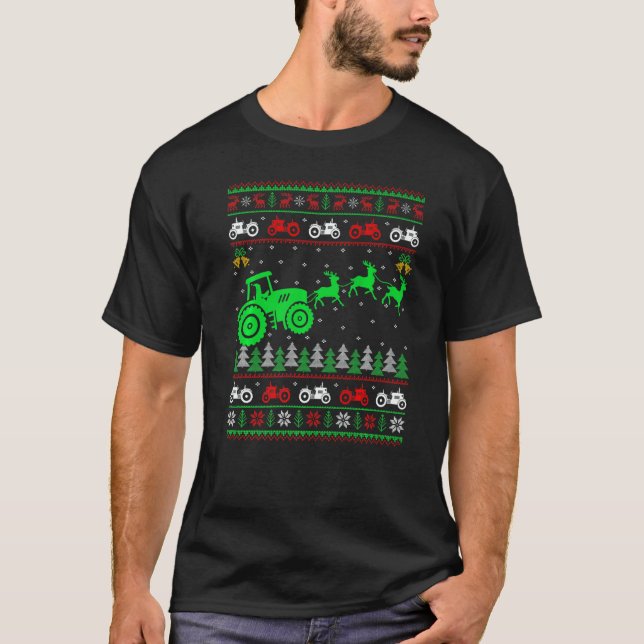 Farm Tractor Reindeer Xmas Farming Farmer Ugly Chr T-Shirt (Front)