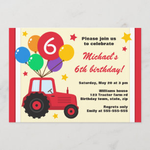 Farm tractor with balloons kids birthday party invitation