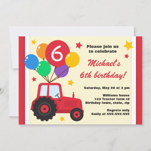 Farm tractor with balloons kids birthday party personalized invitations