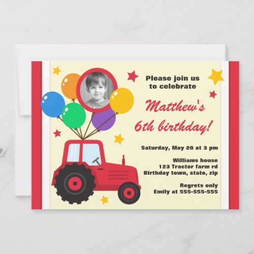 Farm tractor with balloons kids birthday photo personalized announcement
