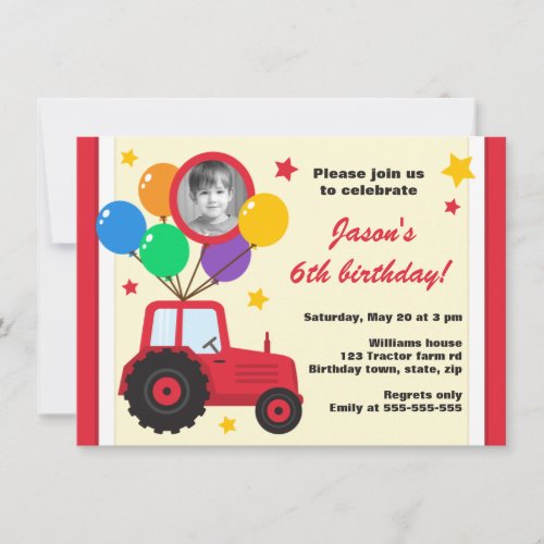 Farm tractor with balloons kids birthday photo invitation