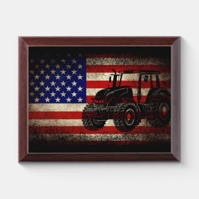 Farm Tractors America Flag Patriotic Farm Gift Award Plaque (Horizontal)