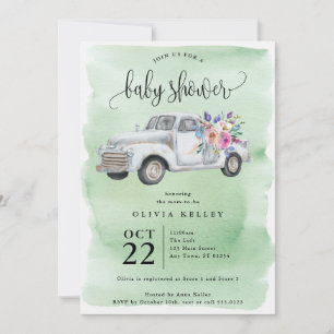 Farm Truck with Flowers, Watercolor Baby Shower Invitation