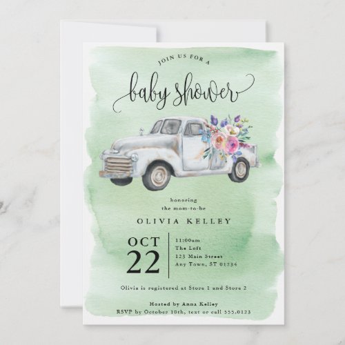 Farm Truck with Flowers Watercolor Baby Shower Invitation