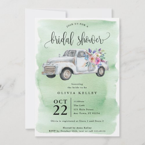 Farm Truck with Flowers Watercolor Bridal Shower Invitation