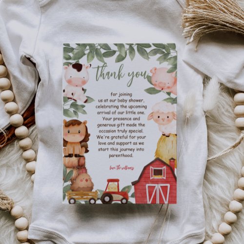 Farm Watercolor Animals Baby Shower Thank You Card