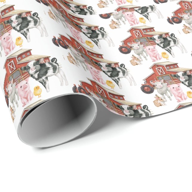  Farm Watercolor Cow Pig Barn Cute Animals Wrapping Paper (Roll Corner)