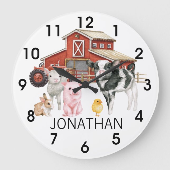  Farm Watercolor Cow Pig Barn Monogram   Large Clock (Front)
