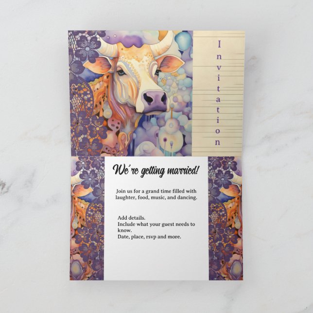 Farm wedding event Colorful Cow purple Invitation (Inside)