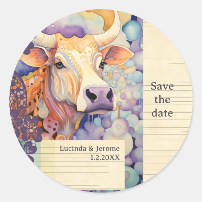 Farm Wedding ox Cow Save the date Classic Round Sticker (Front)