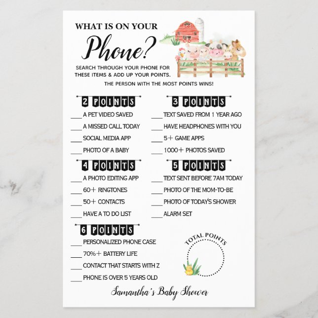 Farm What is on your Phone Baby Shower Game card Flyer (Front)