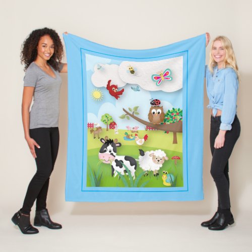 Farm with Cute Animals Scene On Blue Fleece Blanket