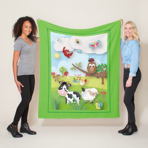 Farm with Cute Animals Scene On Green Fleece Blanket