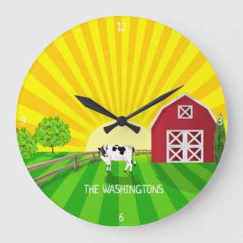 Farm With Red Barn And Milk Cow    Large Clock by DakotaInspired at Zazzle