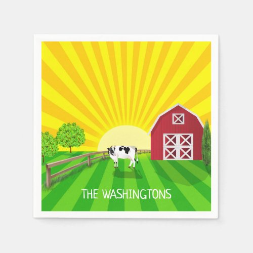 Farm with Red Barn and Milk Cow   Napkins